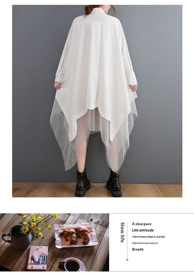 Vestido Camisero Holgado de Doble Capa con Malla Irregular - Image 22