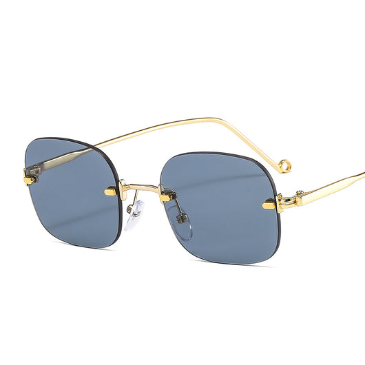 Frameless square sunglasses featuring vibrant blue lenses and sleek gold-colored metal temples and bridge. - Image 21