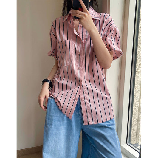Camisa Retro de Rayas con Solapa Literaria, Manga Corta Suelta y Ligera - Image 4