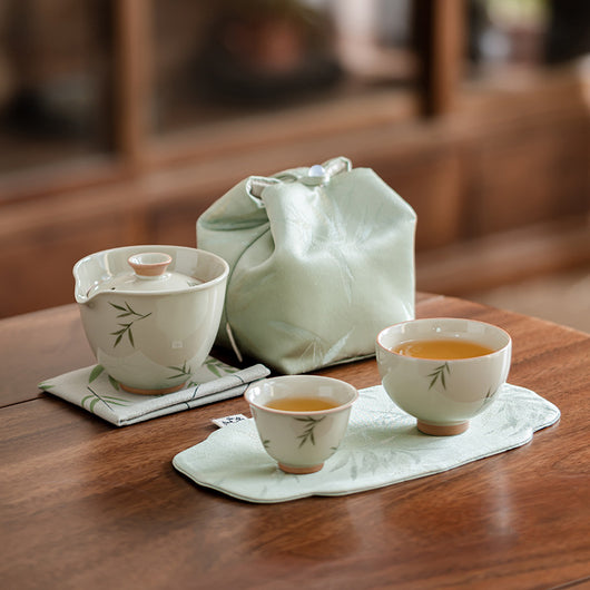 Juego de Té Portátil Bambú Pintado a Mano - Tetera y Taza Todo en Uno