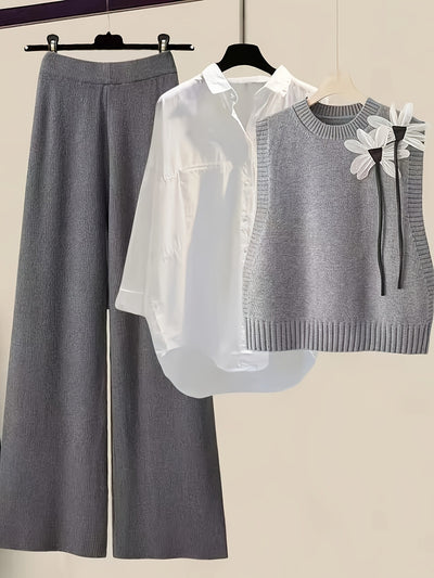 Conjunto de 3 Piezas: Chaleco Tejido con Moño, Camisa y Pantalón Casual - Image 18