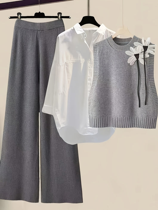 Conjunto de 3 Piezas: Chaleco Tejido con Moño, Camisa y Pantalón Casual - Image 18