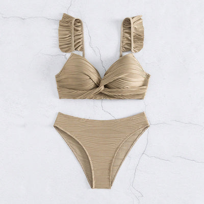 Black ruched high-waisted bikini swimsuit with ruffled shoulder straps and a twisted front detail. - Image 5