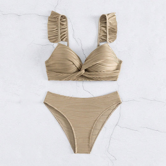 Black ruched high-waisted bikini swimsuit with ruffled shoulder straps and a twisted front detail. - Image 5