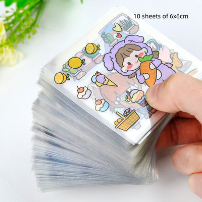 Stack of clear PET journal stickers with cartoon designs, including a character in a purple bunny suit, lemons, and desserts. - Image 6