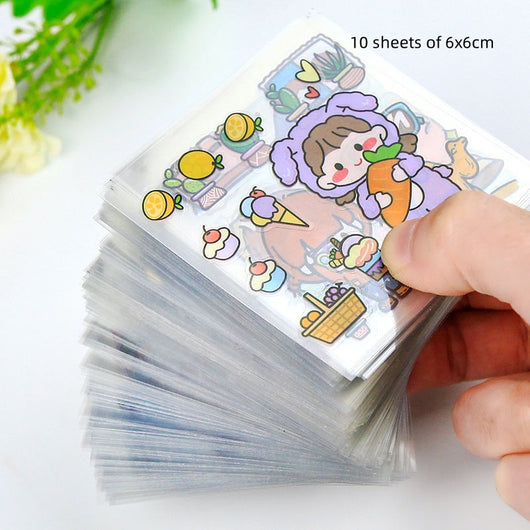 Stack of clear PET journal stickers with cartoon designs, including a character in a purple bunny suit, lemons, and desserts. - Image 6