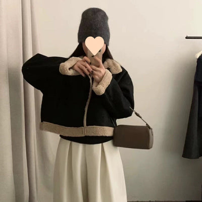 Abrigo Corto Retro con Cuello de Pie para Mujer - Lana de Cordero Invierno - Image 3