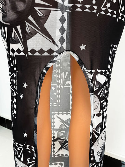 Vestido Largo de Manga Larga con Tul Transparente y Estampado - Image 18