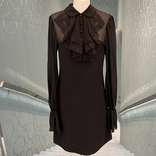 Vestido Negro Manga Larga con Cuello Volante y Falda Acampanada - Image 2