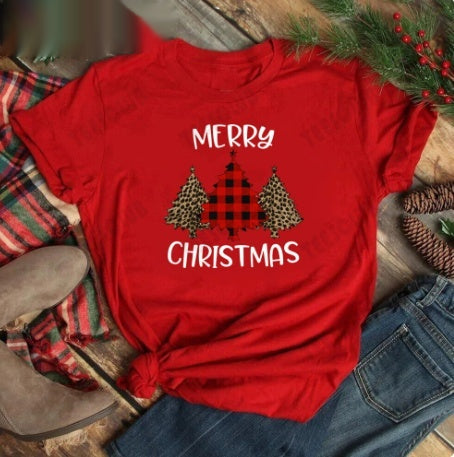 Red women's t-shirt with "Merry Christmas" text and three Christmas trees, featuring buffalo plaid and leopard print. - Image 8