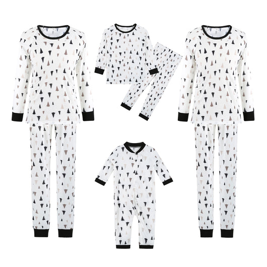 White long-sleeve pajama set with black and brown Christmas tree print, featuring black cuffs and collar. - Image 11