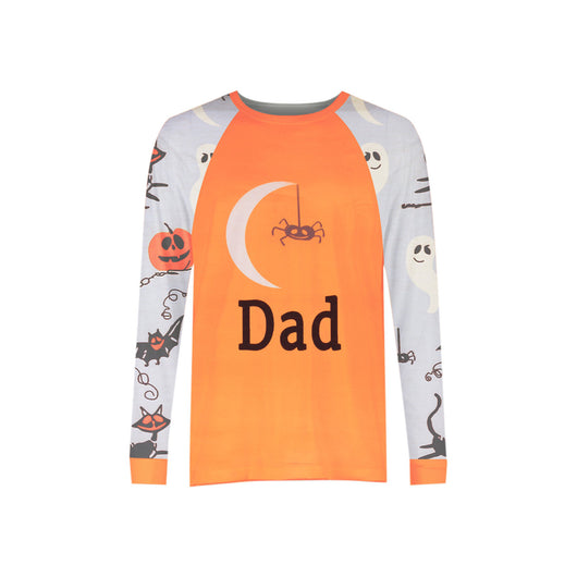 Matching family Halloween pajamas with orange and grey long-sleeve shirts and pants, featuring ghosts, pumpkins, and bats. - Image 6