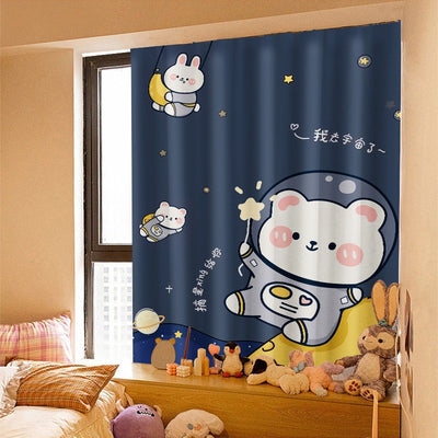 Printed Velcro cabinet curtain with a cartoon oil painting of white and yellow tulips under a light blue sky with clouds and a crescent moon. - Image 4