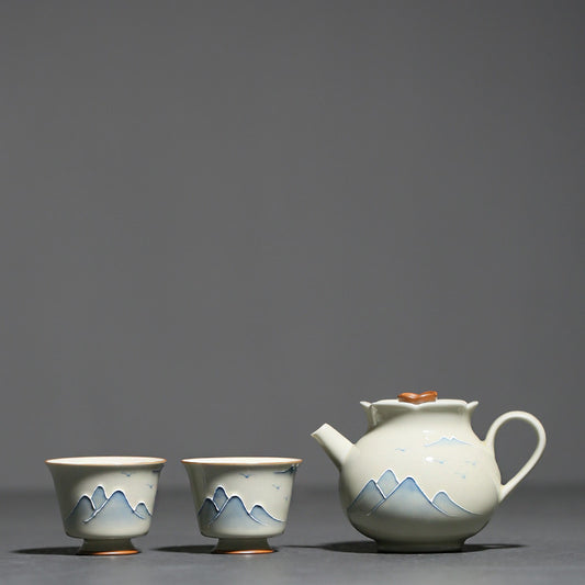 Tetera de Porcelana China Pintada a Mano con Paisaje de Hierba y Madera