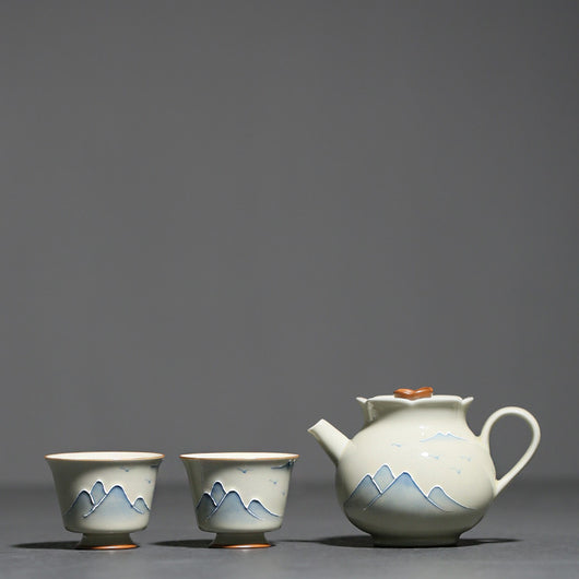Tetera de Porcelana China Pintada a Mano con Paisaje de Hierba y Madera