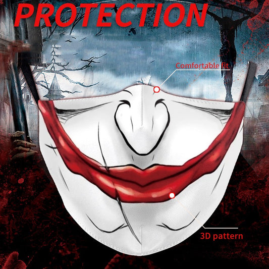 Halloween funny face mask with a digital print of a stitched-up face and yellow teeth, featuring ear hooks.