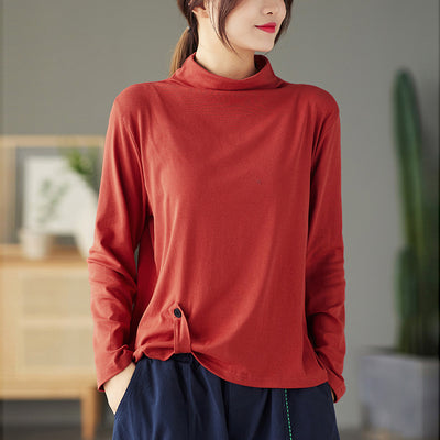 Blusa Retro de Cuello Alto con Botones y Mangas Largas para Mujer