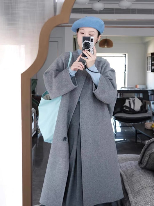 Abrigo de Lana Gris Elegante de Largo Medio para Mujer - Image 11