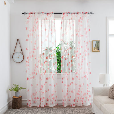 Sheer white mesh curtains with purple and light blue floral patterns, hung on a black rod in a bright room. - Image 16