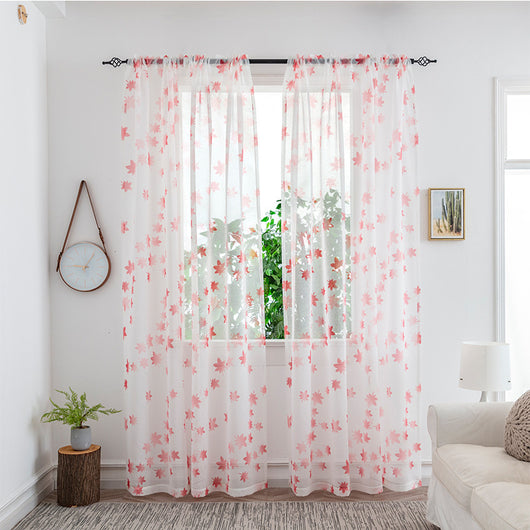 Sheer white mesh curtains with purple and light blue floral patterns, hung on a black rod in a bright room. - Image 16