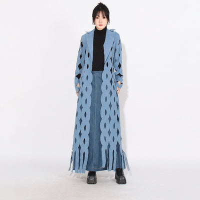 Cardigan Denim Largo con Diseño Hueco y Borlas Retorcidas para Mujer