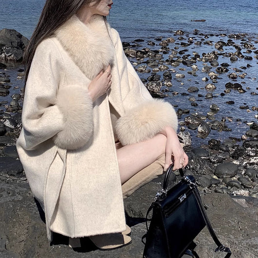 Abrigo de Lana Elegante Estilo Coreano Manga Larga Ajustado Retro