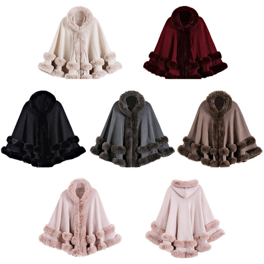 Poncho Abrigo Tejido Oversized con Capucha y Cuello de Pelaje Artificial