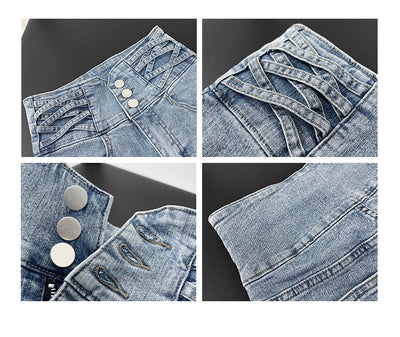 Short Denim Cintura Alta Tejido Cruzado Control de Abdomen para Mujer - Image 17