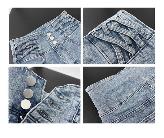 Short Denim Cintura Alta Tejido Cruzado Control de Abdomen para Mujer - Image 17