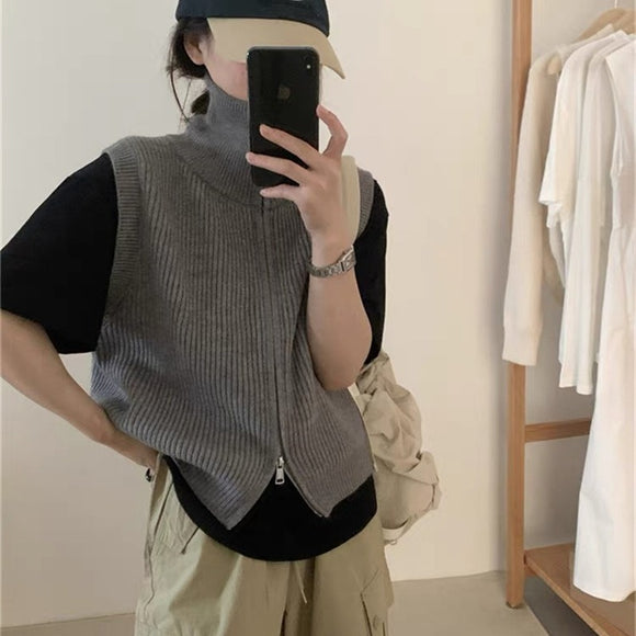Chaleco Cardigan Cuello Alto con Doble Cierre en Punto