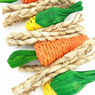 Colorful bird toy with woven straw carrots, corn cobs, braided perches, and a bell, for hanging in a cage. - Image 2