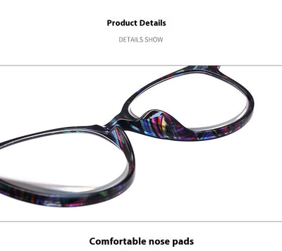 Four pairs of anti-blue light reading glasses with colorful full-rim frames in pink, tea, blue, and violet patterns. - Image 13