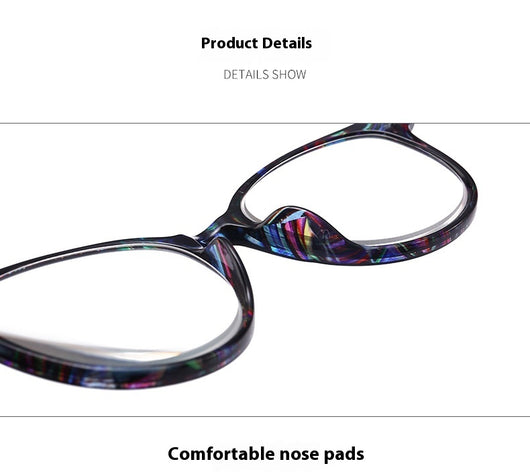 Four pairs of anti-blue light reading glasses with colorful full-rim frames in pink, tea, blue, and violet patterns. - Image 13