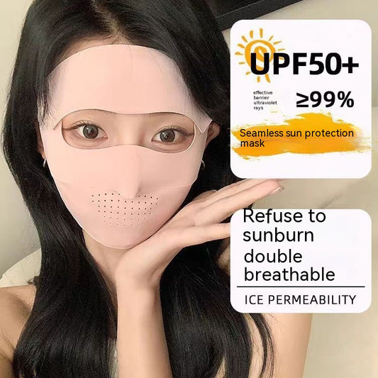 Light blue ice silk face mask with breathable perforations and adjustable ear loops for sun protection.