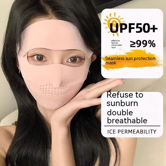 Light blue ice silk face mask with breathable perforations and adjustable ear loops for sun protection.