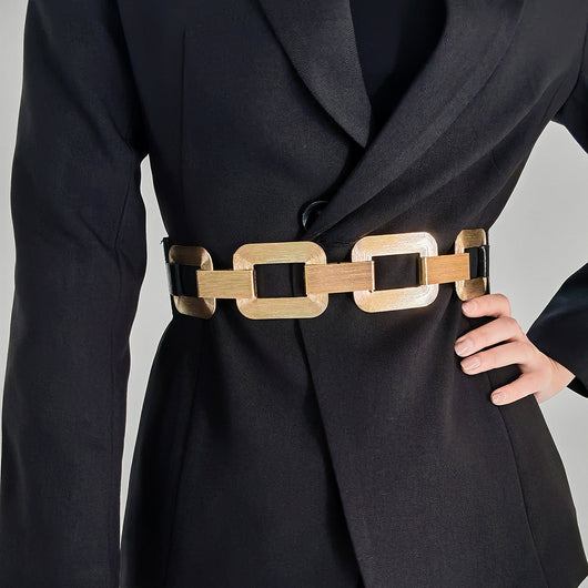Cinturón Elástico Dorado y Negro con Cierre de Metal - Accesorio de Moda para Vestidos y Abrigos - Image 3