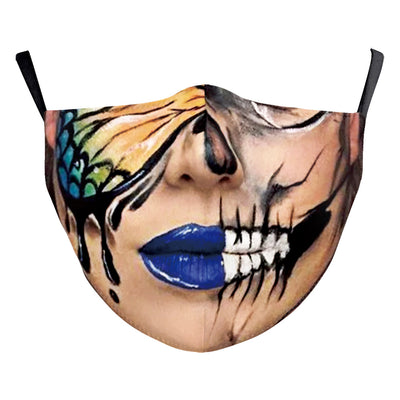 Halloween dust mask with a split design, featuring half a human face with pink lips and half a dark robotic face. - Image 16