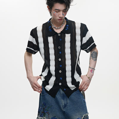 Camisa Retro de Punto Patchwork a Rayas para Hombre