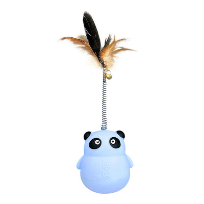 Light blue panda tumbler pet toy with a spring-attached feather and bell, designed to dispense treats. - Image 4