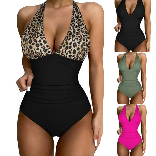 Black halter one-piece swimsuit with a deep V-neck and ruched detailing, designed for a slimming vacation look. - Image 14