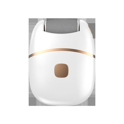 White and gold electric foot callus remover with a roller head, a replacement roller, cleaning brush, and USB cable. - Image 6