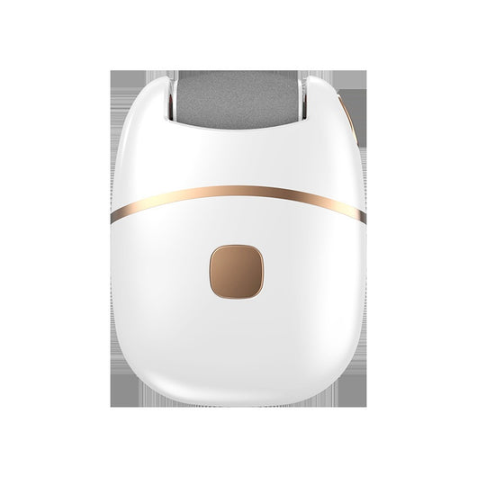 White and gold electric foot callus remover with a roller head, a replacement roller, cleaning brush, and USB cable. - Image 6