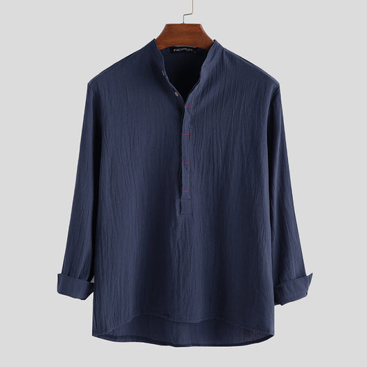 Camisa Holgada de Algodón y Lino Color Sólido Manga Larga - Image 8