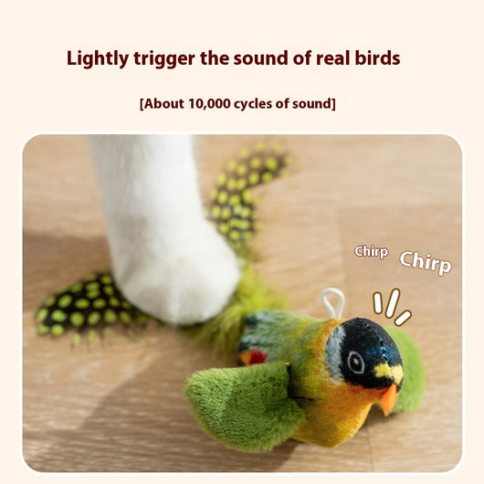 Plush bird cat toy with orange chest, grey body, feathered tail, and an elastic string for interactive play. - Image 3
