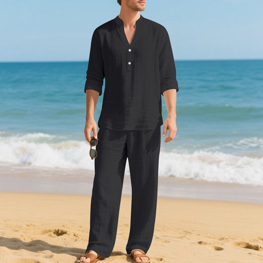 Conjunto de Pantalón y Camiseta Henley Suelta Transpirable para Hombre - Ropa de Playa Casual - Image 18