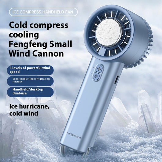 Obsidian black handheld fan with gold accents, digital display, and semiconductor ice cooling for high-speed cool air. - Image 5