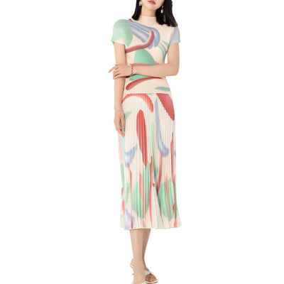 Conjunto de Dos Piezas Elegante con Blusa Plisada y Falda Estampada - Image 5