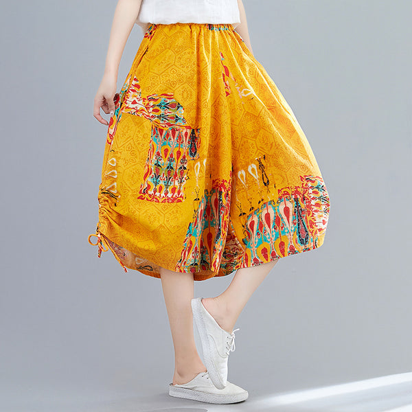 Pantalones Anchos Cropped en Algodón y Lino con Estampado Étnico