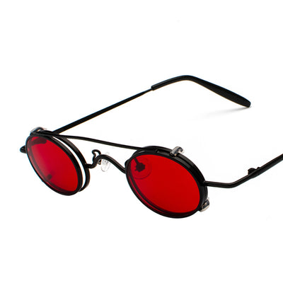 Retro round sunglasses with vibrant red lenses and a black metal frame, featuring a unique flip-up design. - Image 11