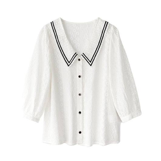Blusa Ejecutiva de Encaje Tres Cuartos Blanco Talla S - Image 7